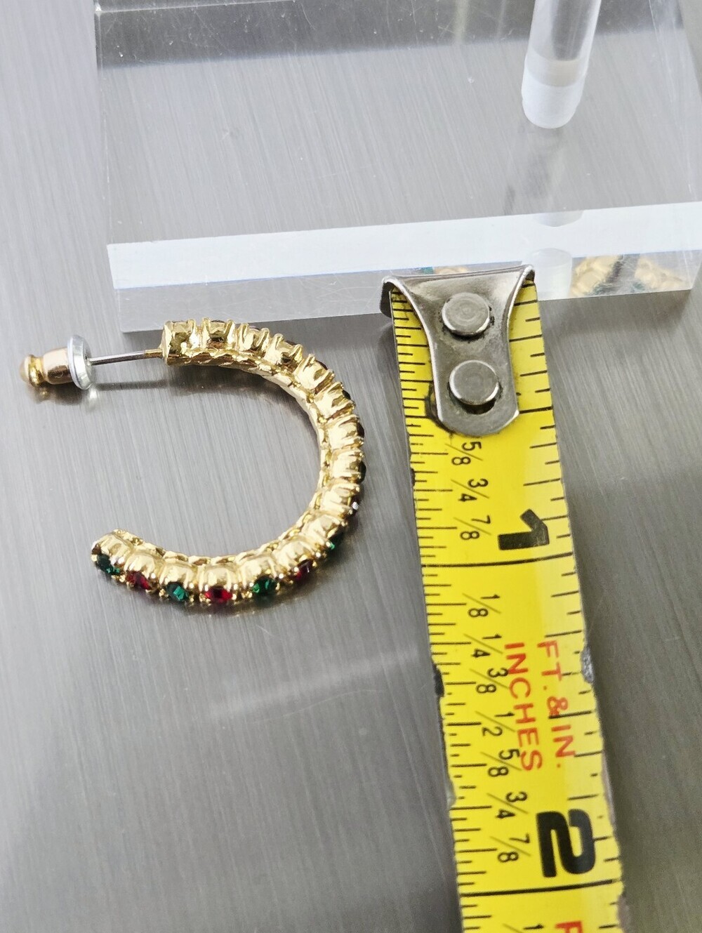 Vintage Gold Tone Hoop Earrings with Red and Green Stones - Picture 6 of 16